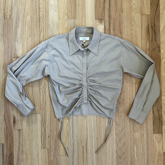 L’ACADEMIE lena blouse khaki revolve ruched cropped cotton button up NWT size S - Picture 4 of 11